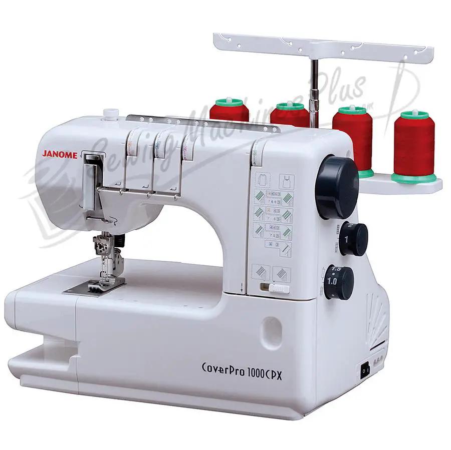White Janome CoverPro 1000CPX coverstitch machine with three red thread spools