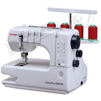 White Janome CoverPro 1000CPX coverstitch machine with three red thread spools