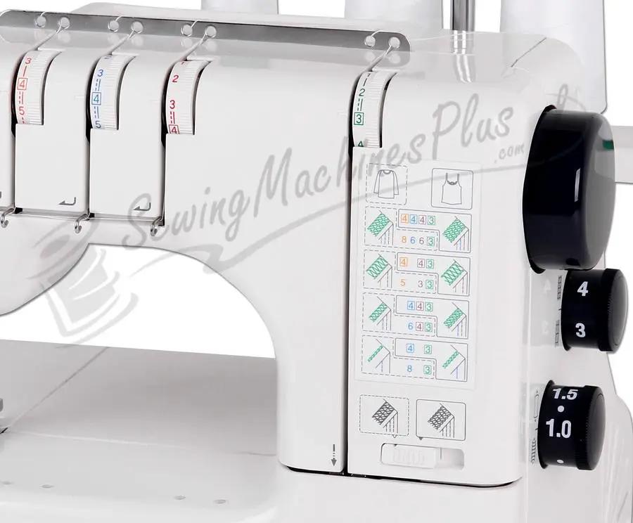 Janome 1000CPX Cover Pro coverstitch machine in white with front stitch-guide diagram and control dials
