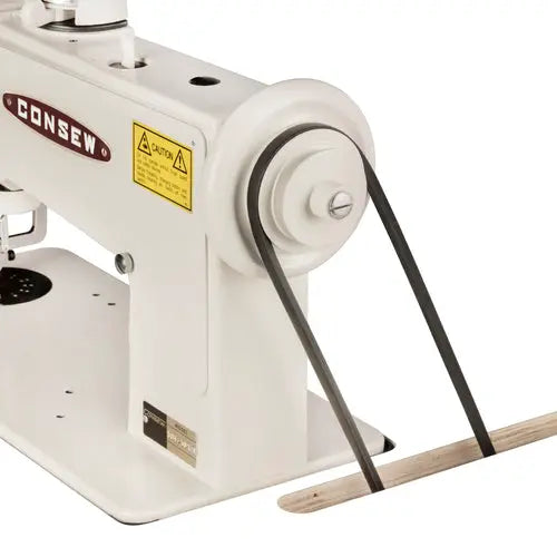 Consew 104-10T single-needle chainstitch sewing machine, white body with belt-drive and universal feed movement