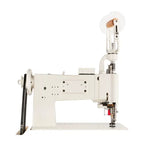 Consew 104-10T single-needle industrial sewing machine on sturdy white stand with wheel, universal feed movement