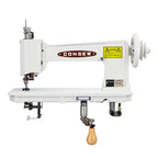 Consew 104-1T industrial sewing machine with assembled table and servo motor, white.