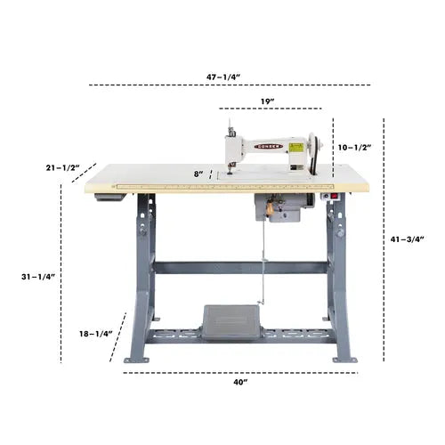 Consew 104-1T single-needle sewing machine on assembled table with servo motor, beige machine on wooden tabletop