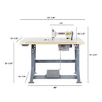 Consew 104-1T single-needle sewing machine on assembled table with servo motor, beige machine on wooden tabletop