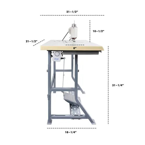 Consew 104-1T single-needle industrial sewing machine on a beige table with blue stand and servo motor