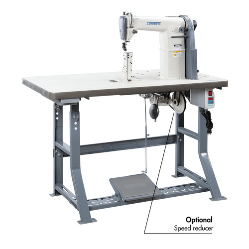 Consew 228R-11-1 industrial sewing machine on a white assembled table; high-speed post-type, single-needle lockstitch