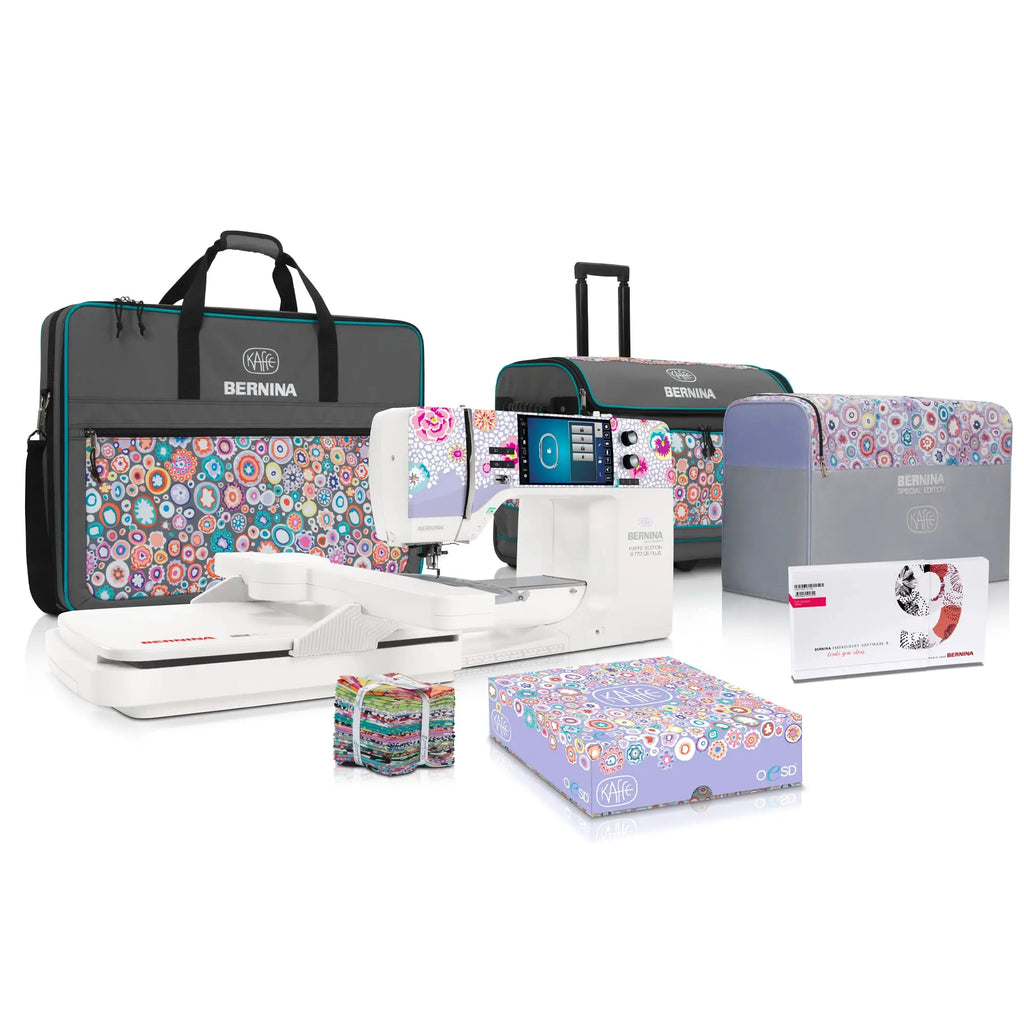 Bernina 770 QEE Plus Kaffe Edition sewing embroidery machine; gray with teal accents and colorful cases.