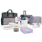 Bernina 770 QEE Plus Kaffe Edition sewing embroidery machine; gray with teal accents and colorful cases.