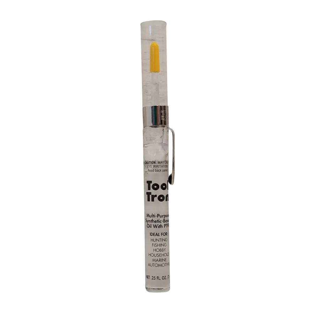 ToolTron Fine Point Oiler with 30 wt sewing machine oil, clear pen-style bottle and yellow applicator tip.