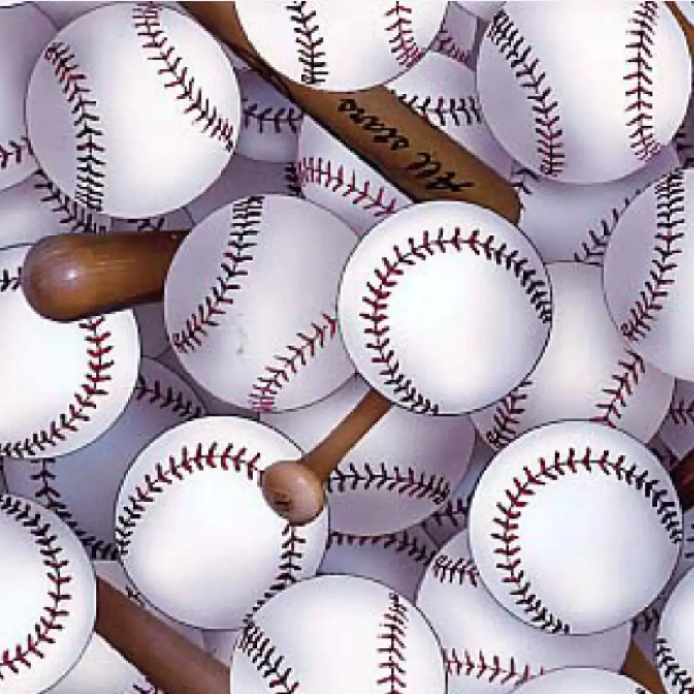 Foust Sports White Baseball novelty quilting fabric with baseball-themed motifs on a white background