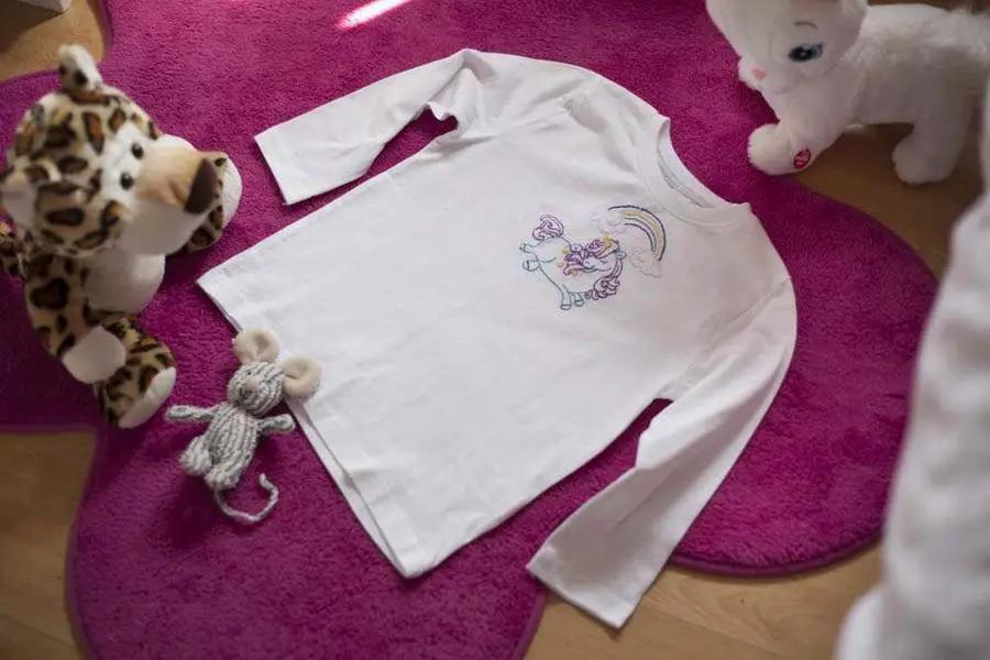 Threaders embroidery transfer sheets fantasy: white long-sleeve shirt with unicorn rainbow embroidery