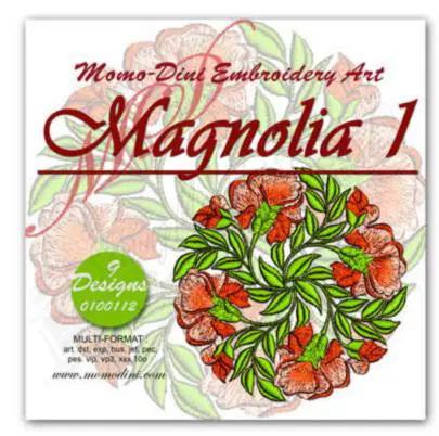 Embroidery design Magnolia 1 by Momo-Dini; red-orange magnolia blooms with green leaves.