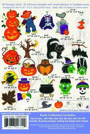 Anita Goodesign Jumbo Halloween Applique 126AGHD embroidery designs with pumpkin, skeleton, witch motifs
