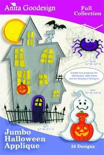 Anita Goodesign Jumbo Halloween Applique embroidery designs full collection, 58 designs, gray haunted house with ghost and pumpkin