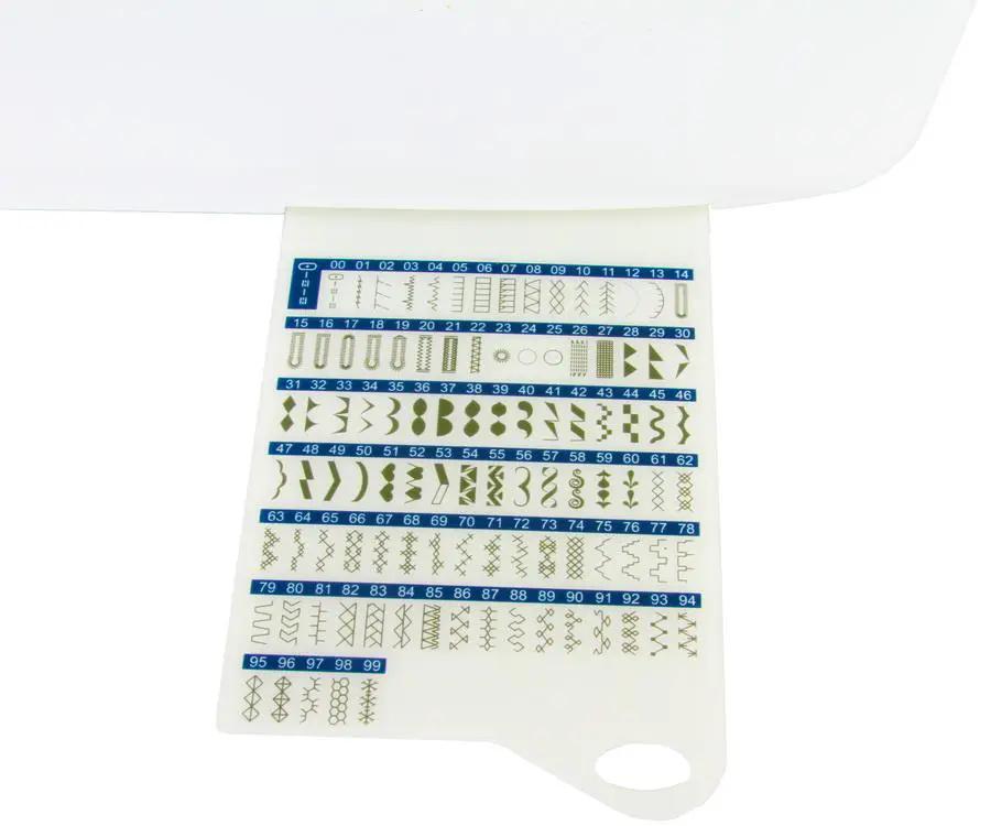Sewing machine stitch pattern card by Singer with blue numbered stitch patterns.