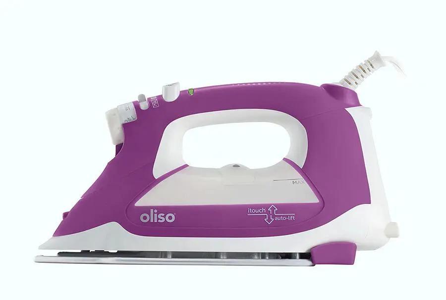Oliso Ultra-Precision Steam Iron TG1100-P, purple with white handle and cord, featuring auto-lift indicator.