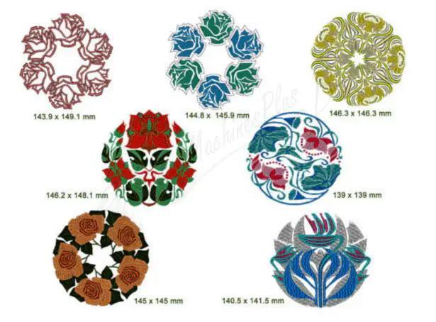 Momo-Dini Embroidery Designs Bathing in Blossoms: six circular floral motifs in assorted colors.