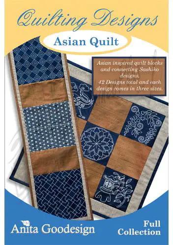 Anita Goodesign Asian Quilt Design Pack packaging featuring blue and brown quilt block panels