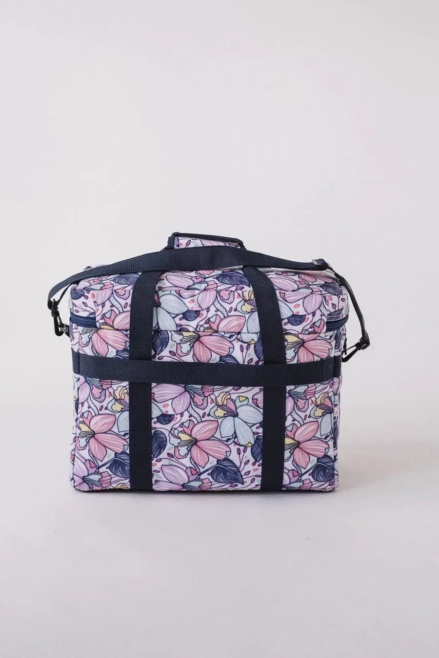 Bluefig Quilter Essential 19in wheeled bag in floral print with navy straps.