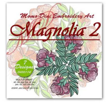 Embroidery design Magnolia 2 by Momo-Dini, green leaves with pink flowers, 7-design bundle.