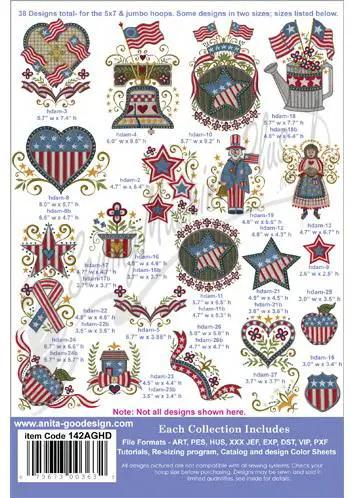 Anita Goodesign Americana DP 142AGHD embroidery design sheet by Dakota Collectibles, 38 patriotic motifs.