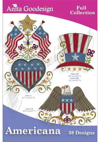 Embroidery design collection by Anita Goodesign: Americana DP 142AGHD with 38 designs, three patriotic designs visible.