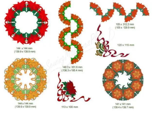 Merry Christmas embroidery designs by Momo-Dini; six colorful red, green and orange-gold wreath patterns