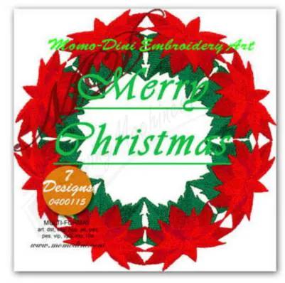 Embroidery design by Momo-Dini: Merry Christmas wreath in red with green script on white background