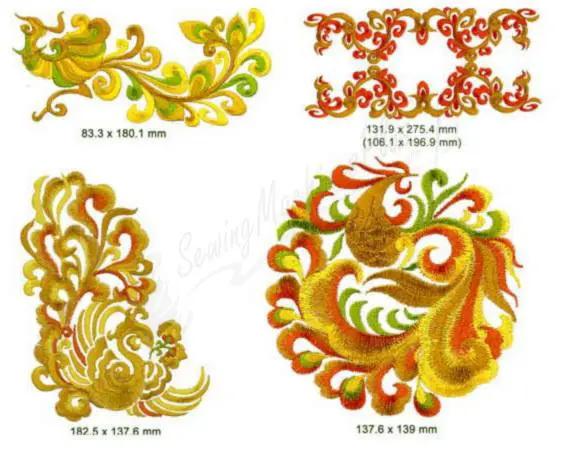 Momo-Dini Flight of the Phoenix 1 embroidery designs: four gold and orange phoenix floral motifs