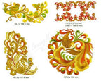 Momo-Dini Flight of the Phoenix 1 embroidery designs: four gold and orange phoenix floral motifs