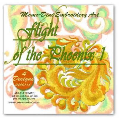 Embroidery design: Momo-Dini Flight of the Phoenix 1, orange phoenix motif, 4 designs, 0400116.
