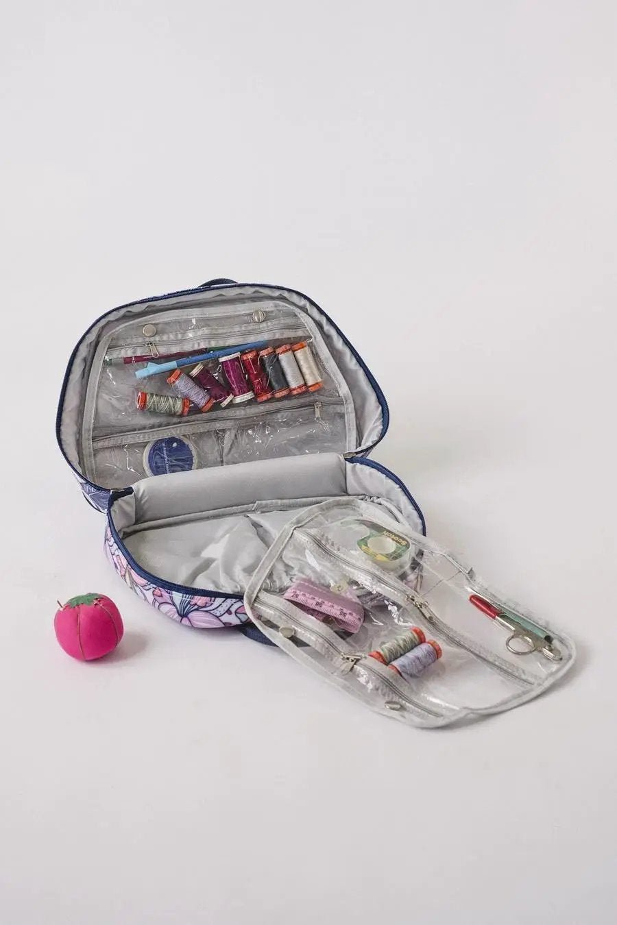 Bluefig Quilter Essential Combo Maisy three-piece wheeled sewing bag set with project bag and satchel, purple pattern.