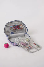 Bluefig Quilter Essential Combo Maisy three-piece wheeled sewing bag set with project bag and satchel, purple pattern.