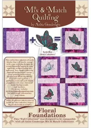 Anita Goodesign Floral Foundations Mix & Match Quilting embroidery design set of 9 purple blocks with butterfly motifs