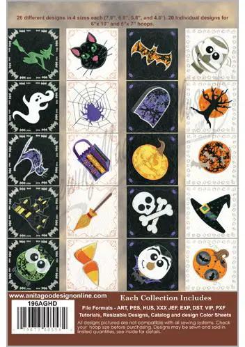 Anita Goodesign Halloween embroidery collection 196AGHD; 26 designs, ghosts, bats, pumpkins, skulls.