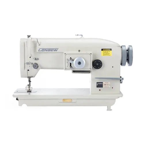 Consew 199R cream-colored single-needle drop-feed industrial sewing machine with table and motor