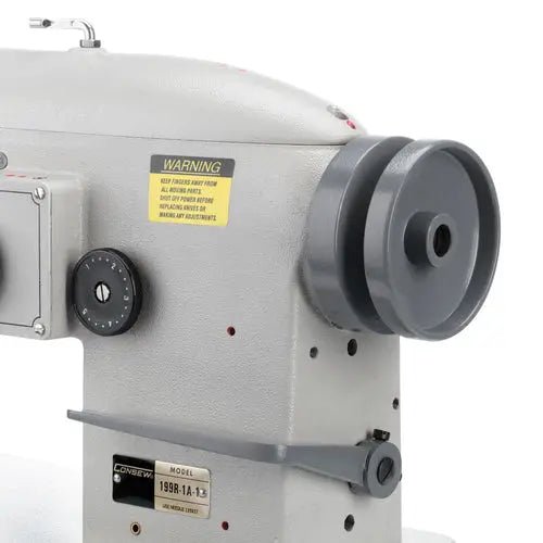 Consew 199R gray single-needle, drop-feed industrial sewing machine with table and motor