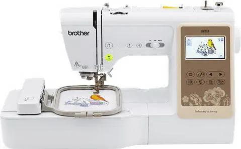 Brother SE625 sewing and embroidery machine in white with beige touchscreen display