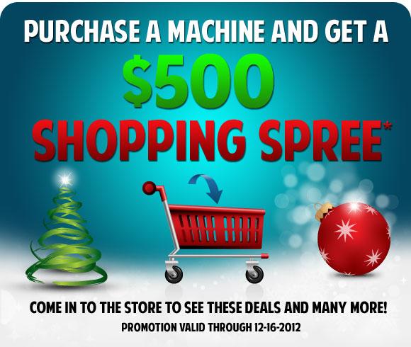 Promotional poster with a shopping cart, Christmas tree, and ornament on a blue background, offering a $500 shopping spree with machine purchase.