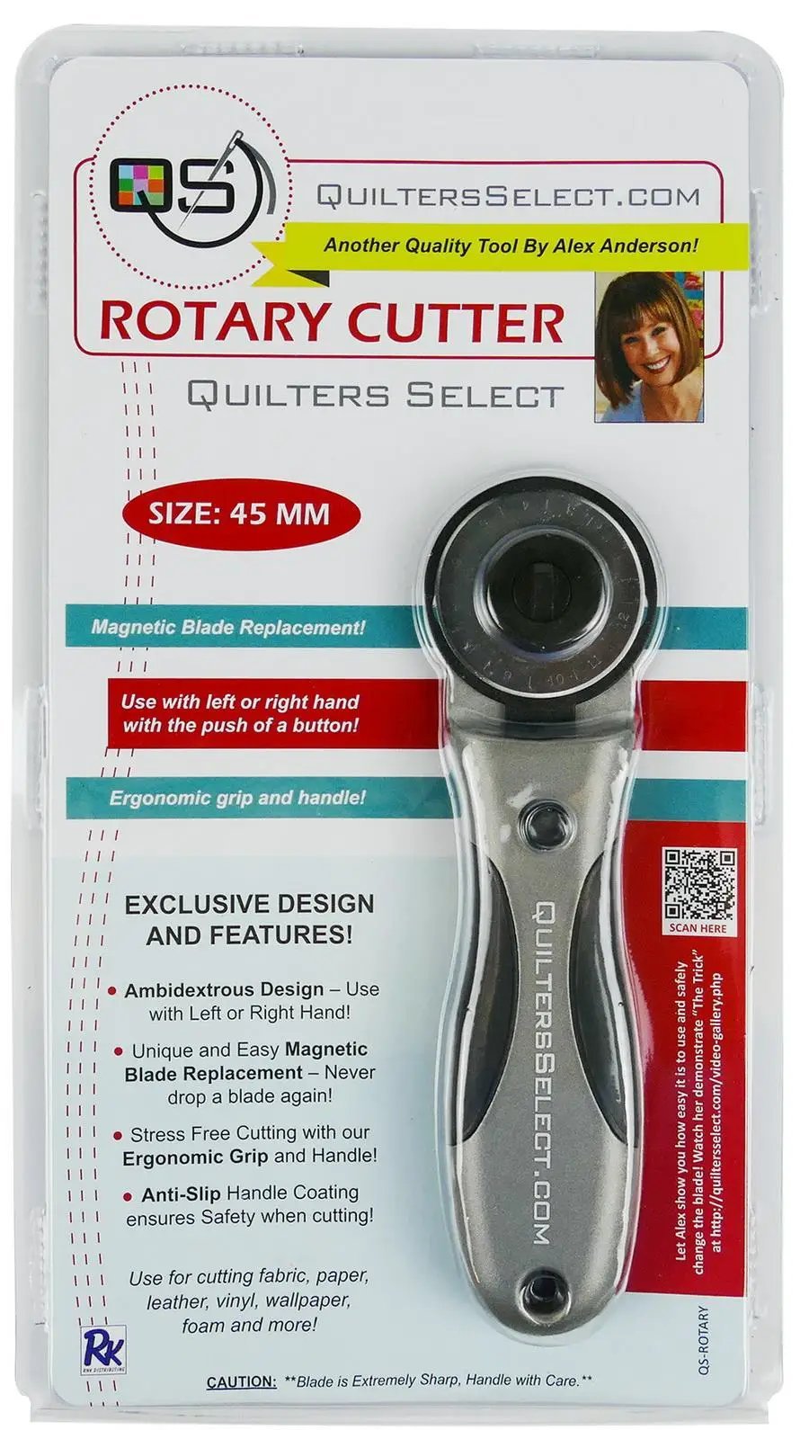 Quilters Select Deluxe Rotary Cutter 45mm in packaging with ergonomic metal handle
