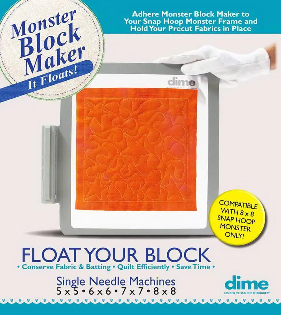 DIME Monster Block Maker single-needle hooping frame; orange quilt block with visible DIME logo