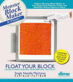 DIME Monster Block Maker single-needle hooping frame; orange quilt block with visible DIME logo