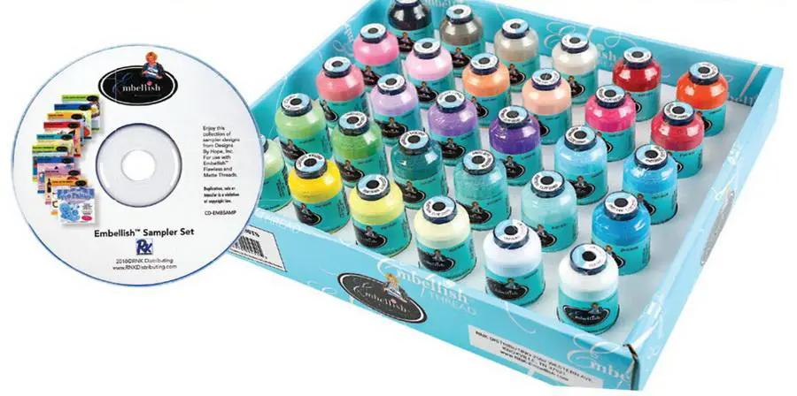 Thread kit Floriani Embellish Matte Thread Set, Hope Yoder-inspired, with colorful spools in a blue display tray