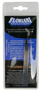Floriani Precision Angle Tweezers; stainless steel embroidery tweezers in clear packaging with Floriani branding