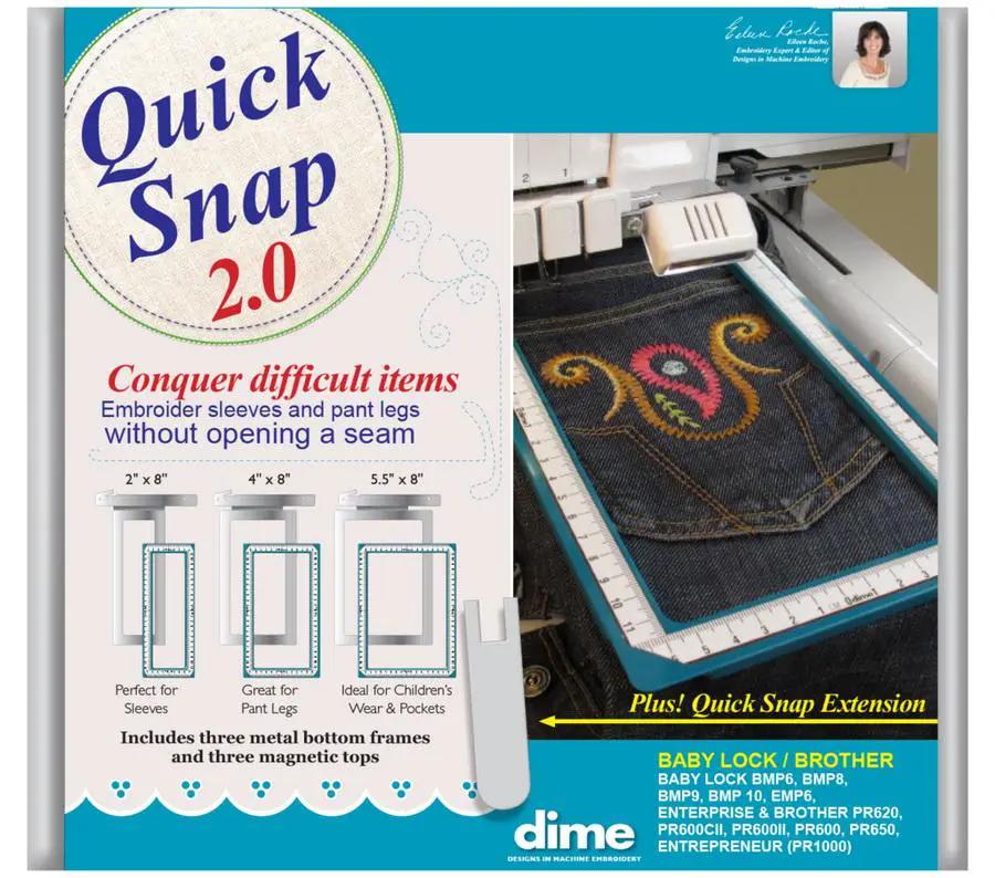 DIME Quick Snap 2.0 Embroidery Hoops; blue packaging with three metal bottom frames and three magnetic tops