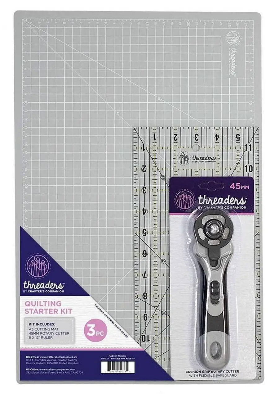 Threaders Quilting Starter Kit, 3pc: gray cutting mat, clear ruler, rotary cutter