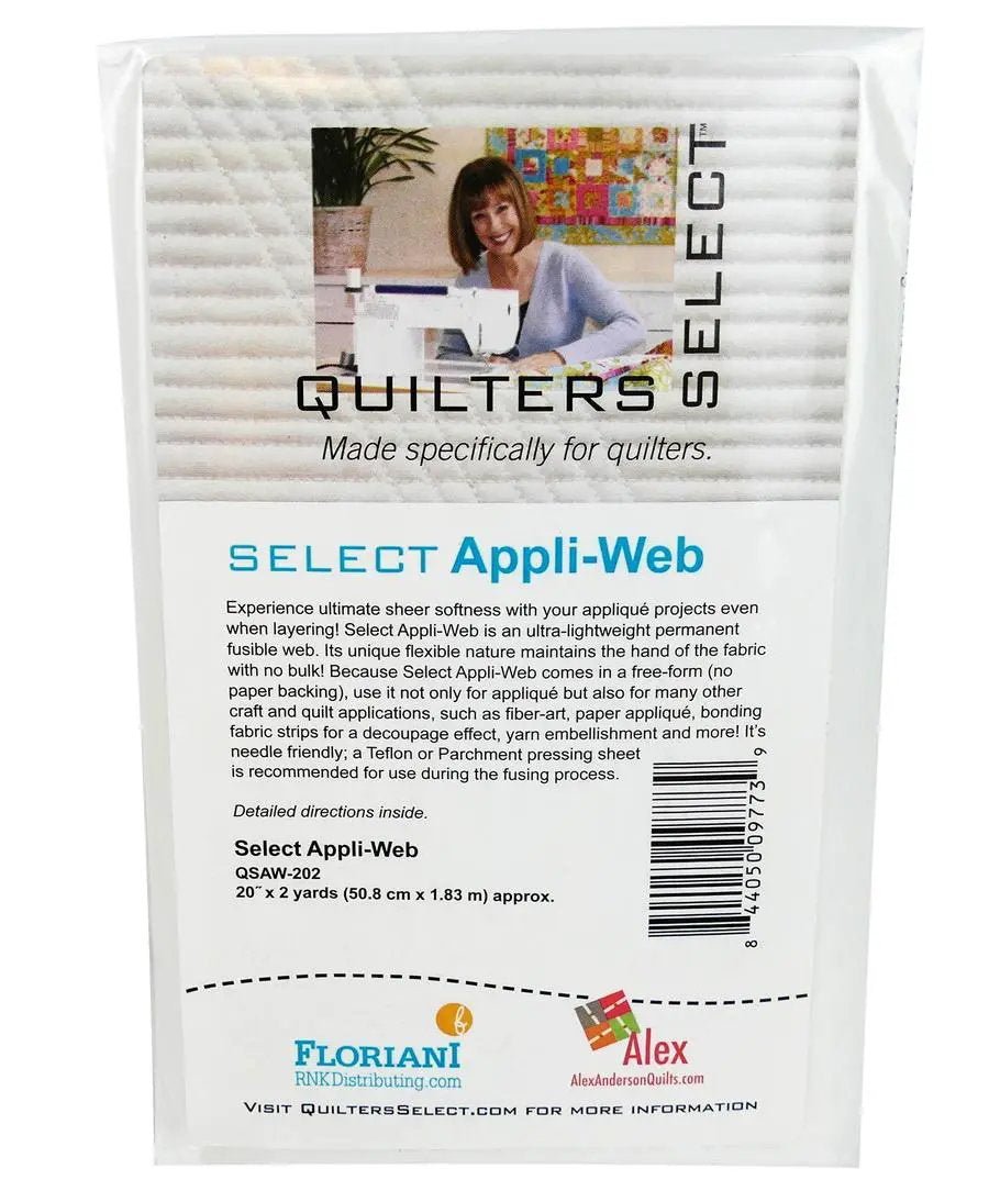 Quilters Select Appli-Web fusible web, 20in x 2 yds, quilting accessory; packaging shows Floriani and Alex logos
