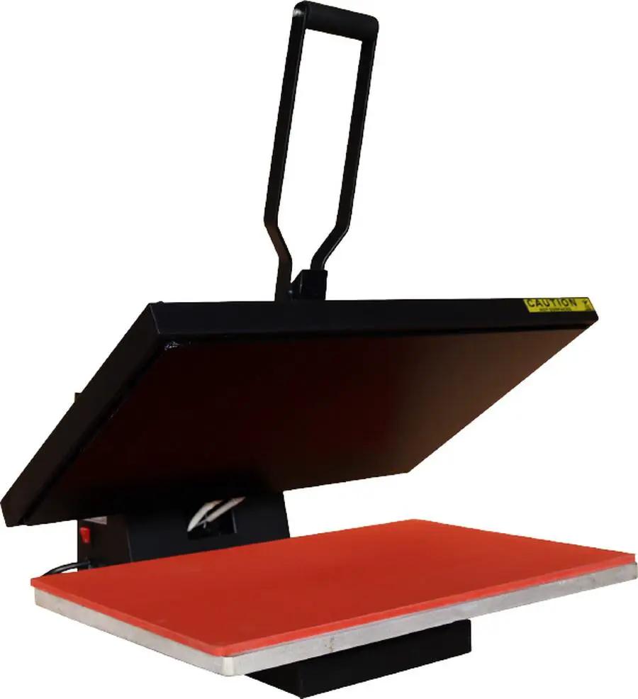 Ricoma high-pressure heat press with black upper platen and red lower platen.