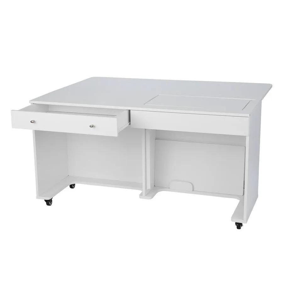 Kangaroo II sewing cabinet in white with two drawers and open storage on wheels by Kangaroo Sewing Furniture.