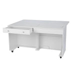Kangaroo II sewing cabinet in white with two drawers and open storage on wheels by Kangaroo Sewing Furniture.